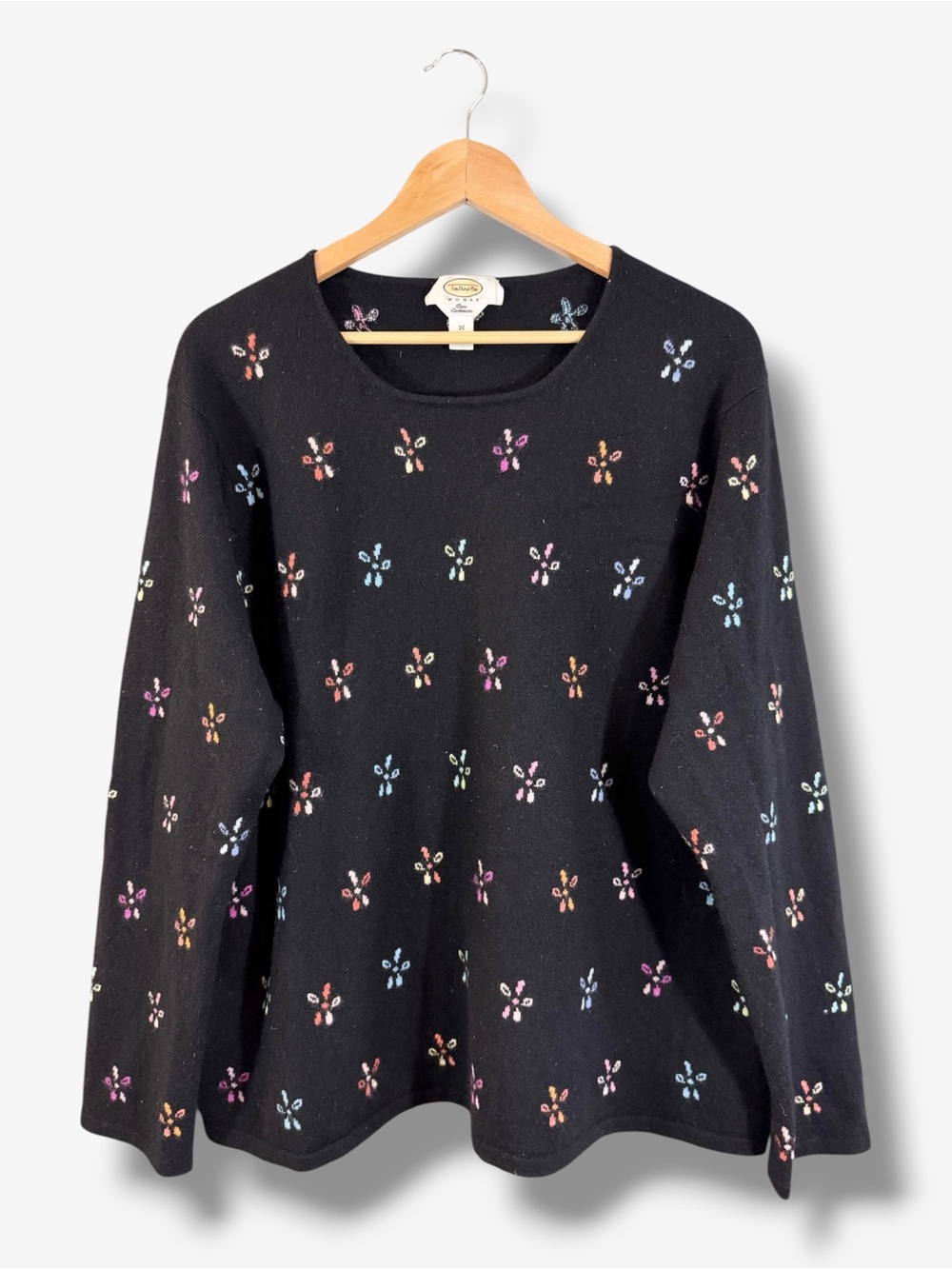 Vintage Talbots Cashmere Sweater Size 3X Black Multicolor Floral Casual Preppy